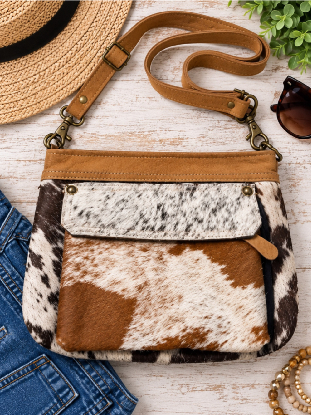 Myra Bag Brown Tan & White Cowhide Leather Crossbody Purse
